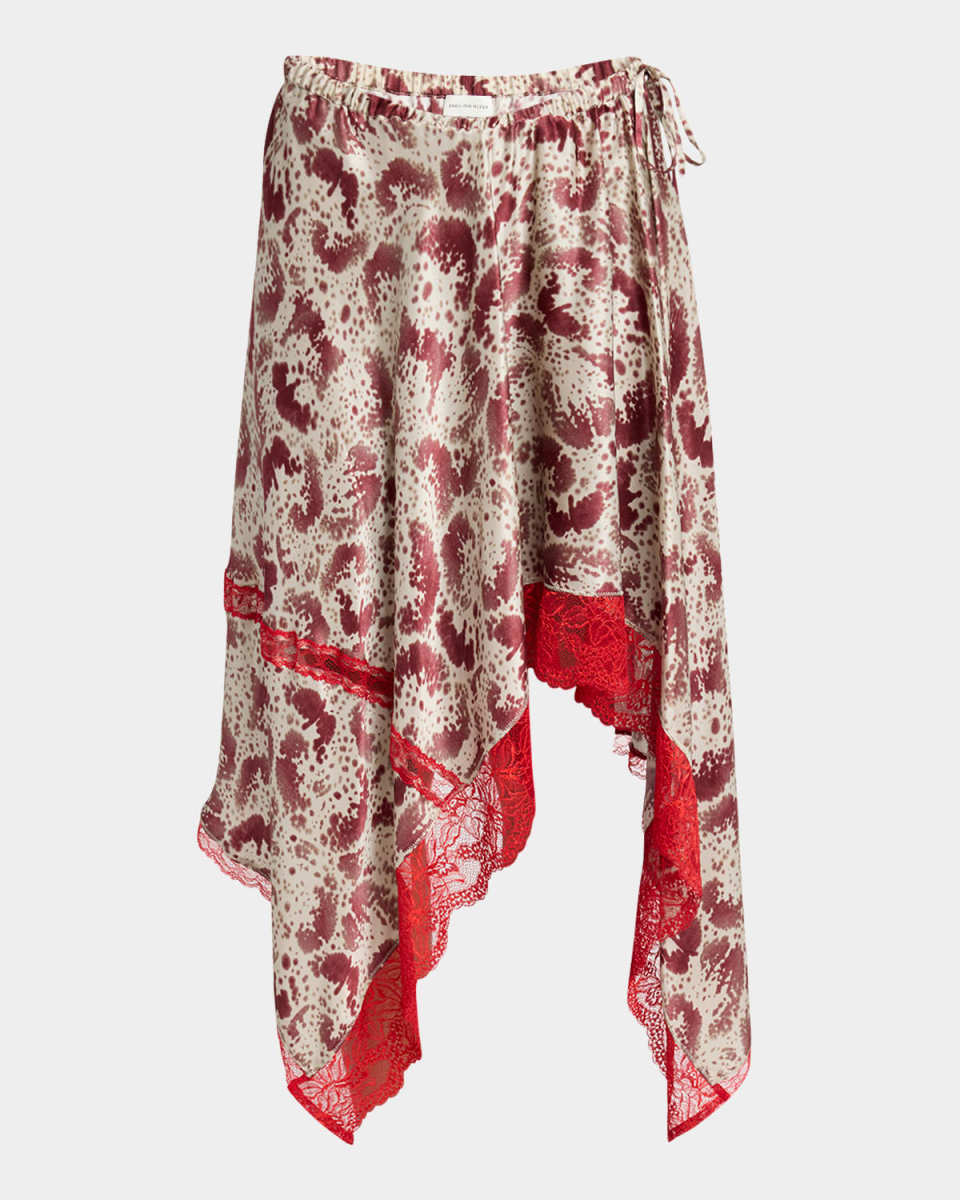 Shake Printed Lace-Trim Handkerchief Silk Skirt